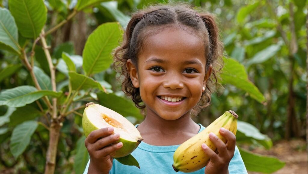 Unlock Growth: A child holding a guava and a banana, smiling with a healthy glow, representing the nutritional benefits of these fruits for kids' growth and development.