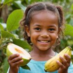 Unlock Growth: A child holding a guava and a banana, smiling with a healthy glow, representing the nutritional benefits of these fruits for kids' growth and development.