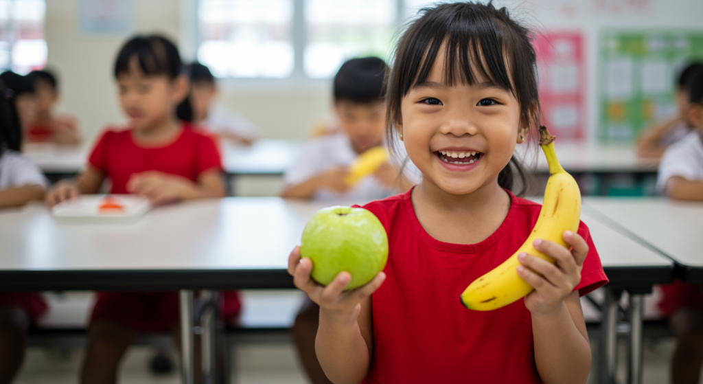 Unlock Growth: A child holding a guava and a banana, smiling with a healthy glow, representing the nutritional benefits of these fruits for kids' growth and development.