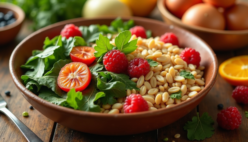 Reduce Colorectal cancer: "A top-down view of a healthy meal rich in fiber, featuring whole grains, leafy greens, and berries, with a 'cancer prevention' label."