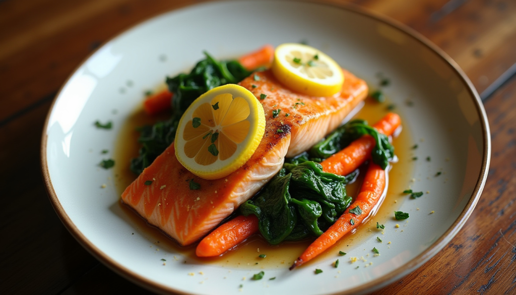 Stronger Eyes: A colorful plate of nutrient-rich foods, such as carrots, spinach, and fish, known for promoting eye health. Alt text: Nutrient-rich foods for healthy vision including carrots, spinach, and fish.