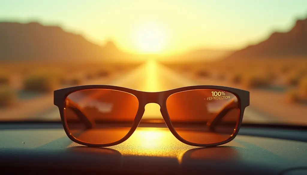 Stronger eyes: A pair of sunglasses with a label highlighting 100% UV protection, set against a sunny outdoor backdrop. Alt text: Sunglasses with 100% UV protection to safeguard vision outdoors.