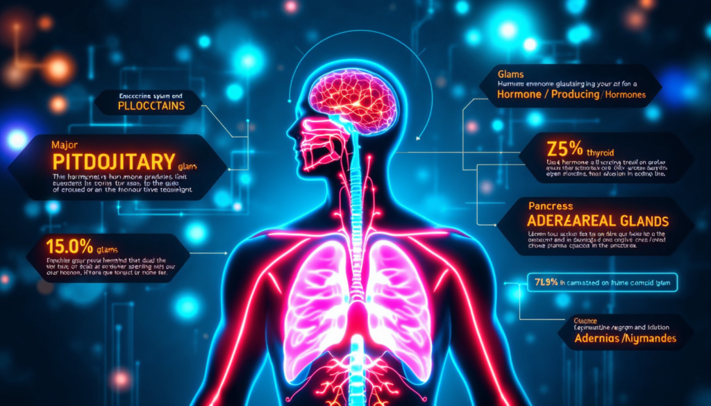 Life-Changing Hormones:  Prompt: A visually engaging infographic illustrating the endocrine system, highlighting major hormone-producing glands like the pituitary, thyroid, pancreas, and adrenal glands. The design should be colorful and easy to understand, with labeled sections for each gland and its primary hormone.
Alt Text: Infographic of the human endocrine system showing key glands and their hormone functions.