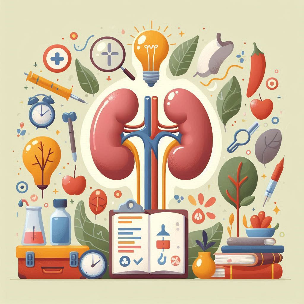 Kidney Health: "Illustration of a kidney with a vibrant and healthy glow, surrounded by various health symbols such as a heart, fruits, and a stethoscope, representing signs of positive kidney health for a vibrant life."