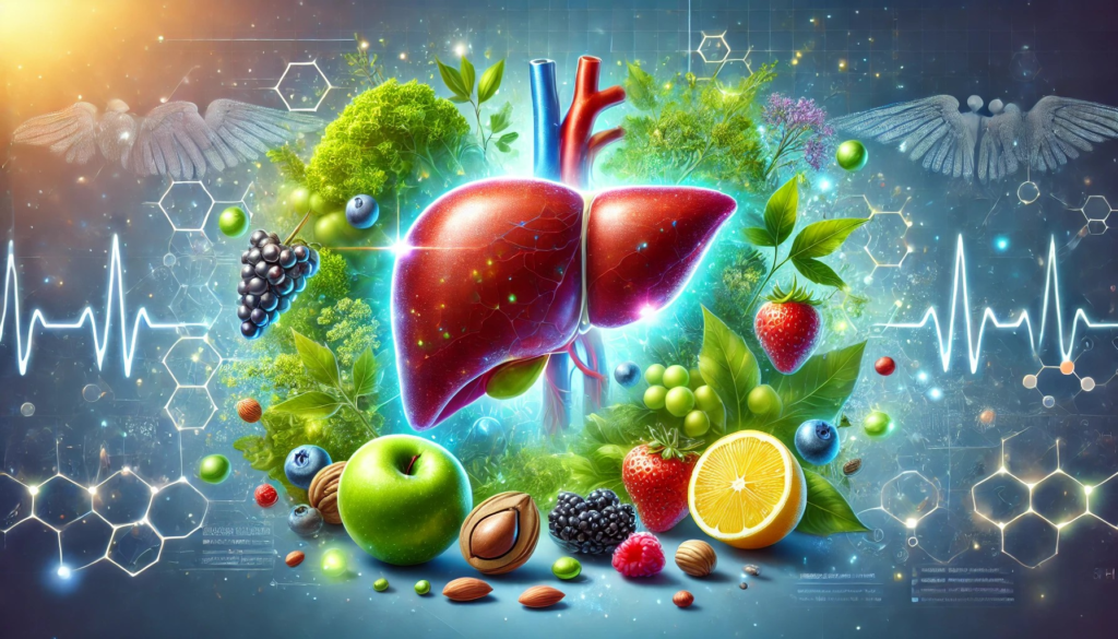 Strengthen Your Liver: "Realistic illustration of a healthy liver with berries, nuts, leafy greens, and lemon slices, symbolizing detox and optimal liver health."