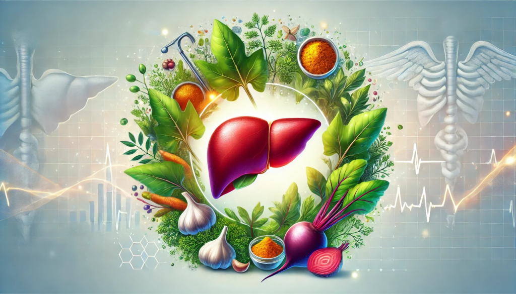 Strengthen Your Liver: "Illustration of a healthy liver with nutritious foods like leafy greens, garlic, turmeric, and beets, symbolizing liver detox and vitality."