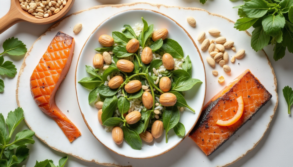 Alarmings Sings: "Illustration of magnesium-rich foods such as leafy greens, nuts, seeds, whole grains, and fish." Alt Text: "Image showing a variety of magnesium-rich foods, including leafy greens, nuts, seeds, whole grains, and fish."