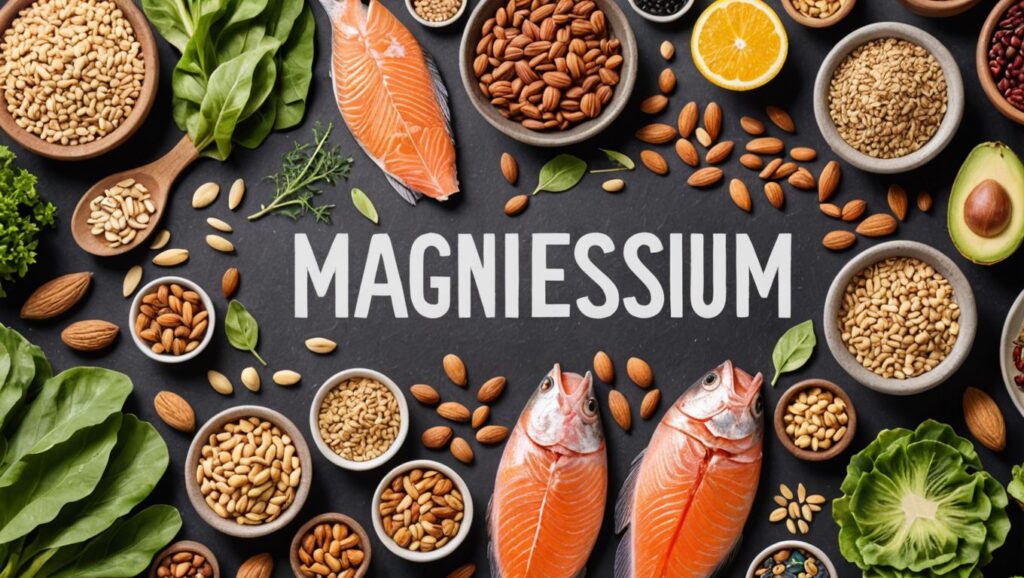 Alarming sings: Illustration of magnesium-rich foods such as leafy greens, nuts, seeds, whole grains, and fish." Alt Text: "Image showing a variety of magnesium-rich foods, including leafy greens, nuts, seeds, whole grains, and fish."