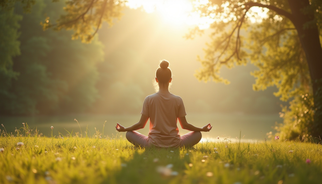 Mindful Living: A serene nature scene with a person practicing yoga and meditation.