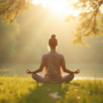 Mindful Living: A serene nature scene with a person practicing yoga and meditation.