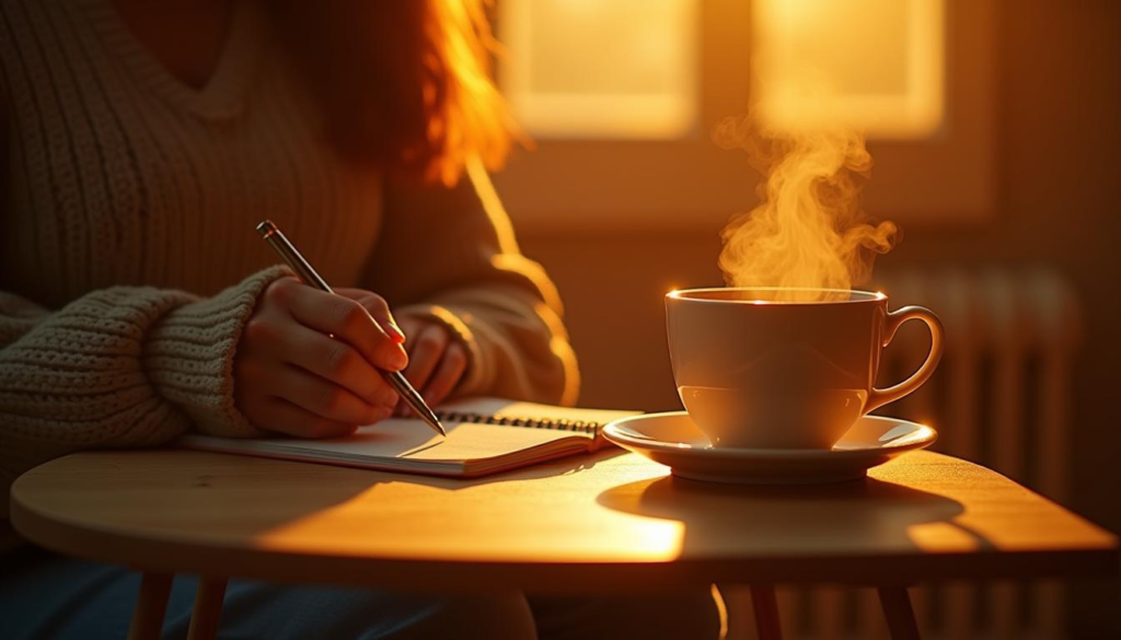 Mindful Living: "A comforting and calming scene with a person practicing self-care activities like journaling or relaxing with a cup of tea."

Alt Text: A person practicing self-care activities like journaling or relaxing with a cup of tea.