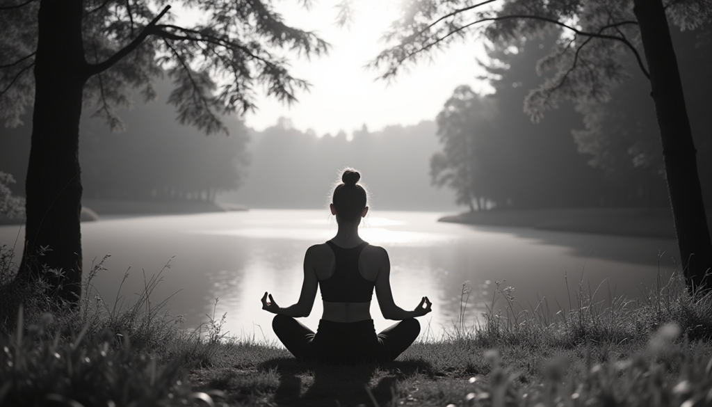 Mindful Living: A serene nature scene with a person practicing yoga and meditation