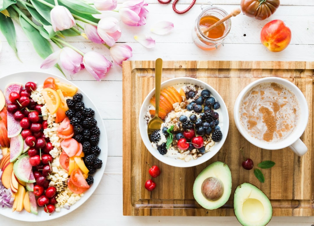 Powerful Fruits: a bowl of fruit and a bowl of coffee on a wooden tray