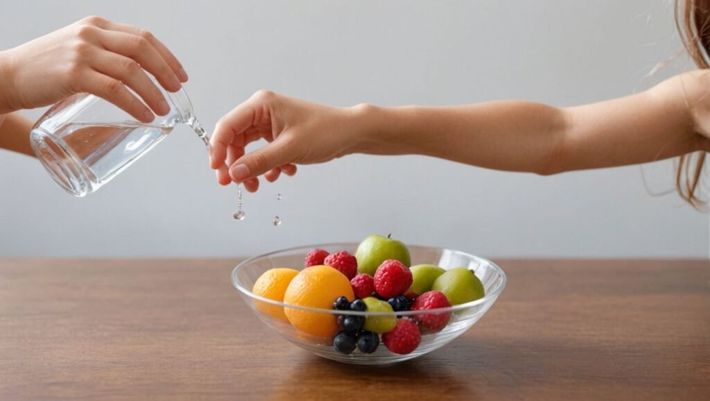 Pancreatitis chronic: "Minimalist illustration of a child’s hand reaching for a glass of water beside a bowl of fruits, emphasizing simple tips for managing chronic pancreatitis."