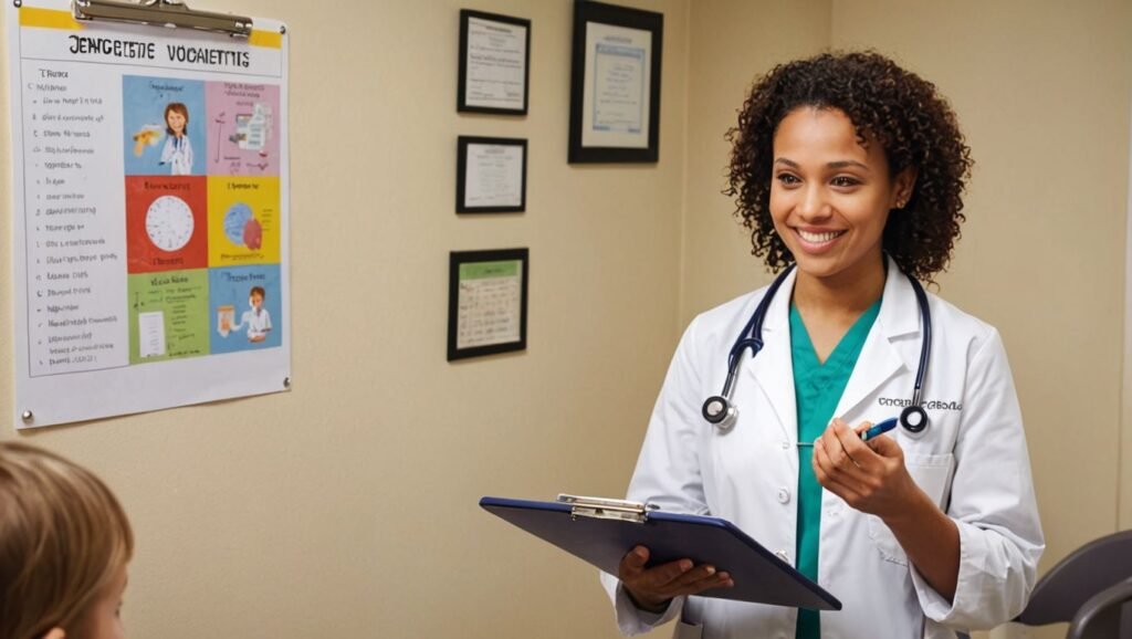 Pancreattitis: "Illustration of a child in a pediatrician's office, holding a clipboard, with a doctor explaining in a calm and supportive manner. The room features a growth chart and digestive health posters, promoting regular follow-ups for chronic pancreatitis