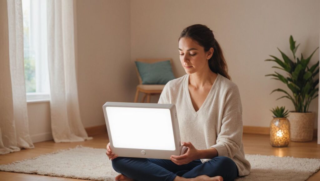 "Proven Techniques: Light Therapy for SAD Relief - An image showing a person using a light therapy box with a serene background."

Alt Text: A person using a light therapy box with a serene background.