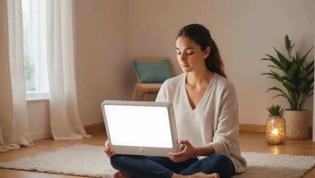 "Proven Techniques: Light Therapy for SAD Relief - An image showing a person using a light therapy box with a serene background."
Alt Text: A person using a light therapy box with a serene background.