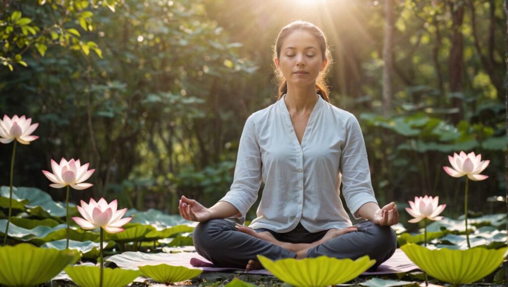 Proven Techniques: Practicing Mindfulness and Meditation - An image of a person meditating in a peaceful outdoor setting with elements like lotus flowers and soft light."

"Proven Techniques:: A person meditating in a peaceful outdoor setting with lotus flowers and soft light.