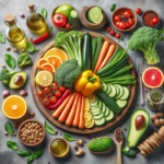 Vegetables: "Illustration of various vibrant vegetables such as broccoli, carrots, and spinach, emphasizing their nutritional benefits over fruits like apples and oranges."