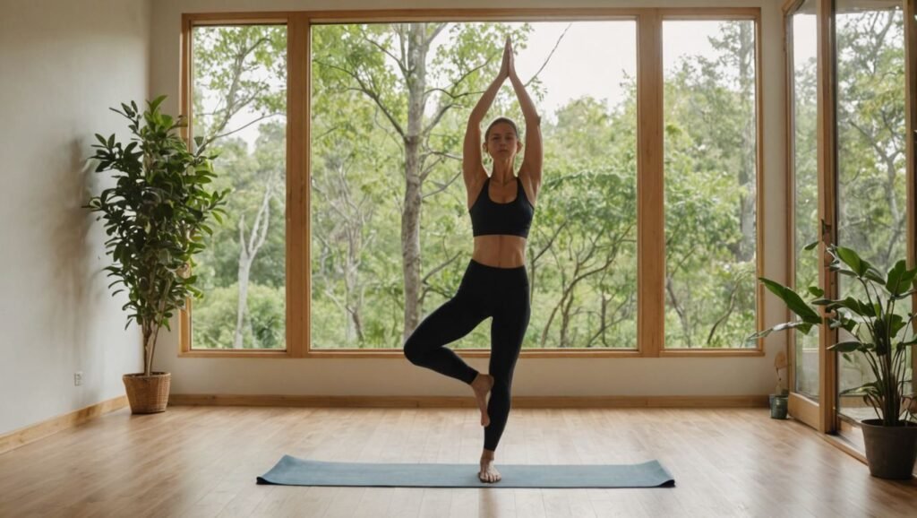 Strong Legs for a Longer life: "An individual practicing yoga in a tranquil studio, performing leg-strengthening poses like Warrior Pose, Tree Pose, and Chair Pose, surrounded by natural light and greenery."