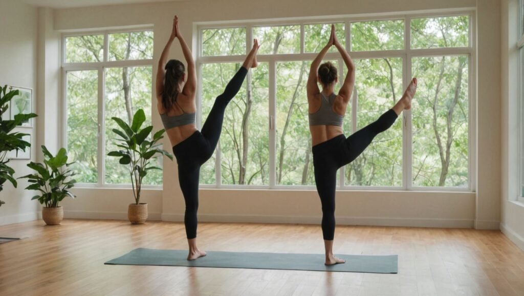 Strong Legs for a Longer Life: "An individual practicing yoga in a tranquil studio, performing leg-strengthening poses like Warrior Pose, Tree Pose, and Chair Pose, surrounded by natural light and greenery."