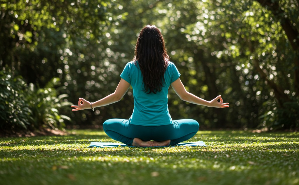 Ultimate guide: A person practicing yoga in a serene outdoor setting. Alt Text: "A person performing a yoga pose outdoors, surrounded by nature, promoting stress relief for ulcerative colitis management."