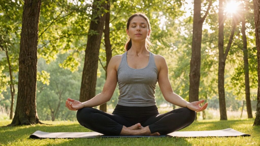 Ultimate guide: A person practicing yoga in a serene outdoor setting. Alt Text: "A person performing a yoga pose outdoors, surrounded by nature, promoting stress relief for ulcerative colitis management."