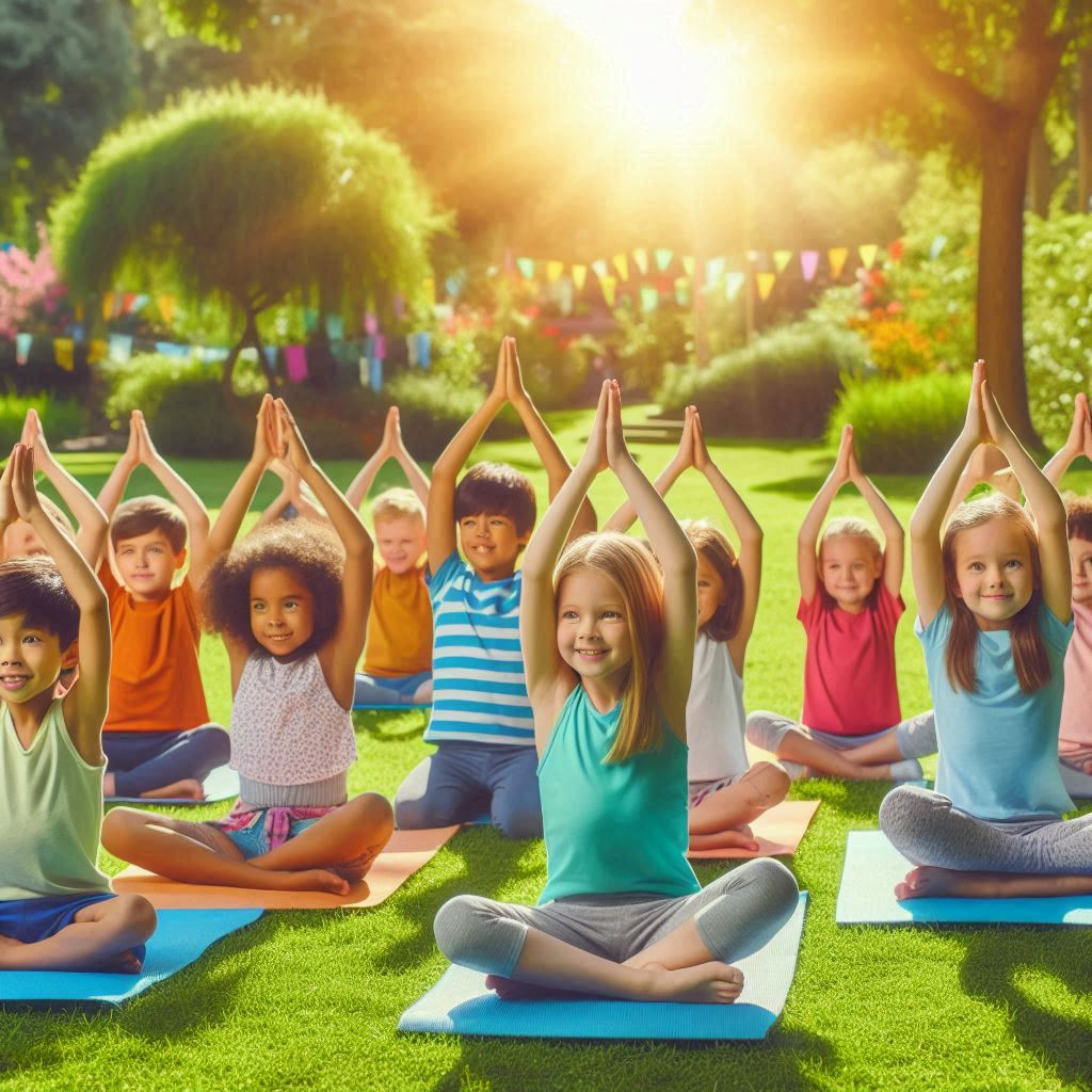 Yoga poses for children: "Children perform yoga poses in a playful and healthy manner, promoting wellness and strength."