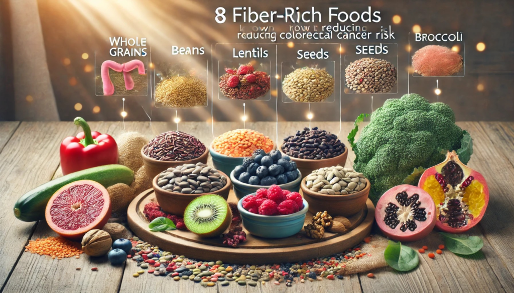 Reduce: A colorful display of 8 fiber-rich foods, including whole grains, beans, berries, nuts, seeds, broccoli, and leafy greens, arranged on a wooden table with soft natural lighting. A subtle medical infographic highlights their gut-health benefits."