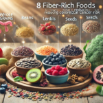 Reduce: A colorful display of 8 fiber-rich foods, including whole grains, beans, berries, nuts, seeds, broccoli, and leafy greens, arranged on a wooden table with soft natural lighting. A subtle medical infographic highlights their gut-health benefits."