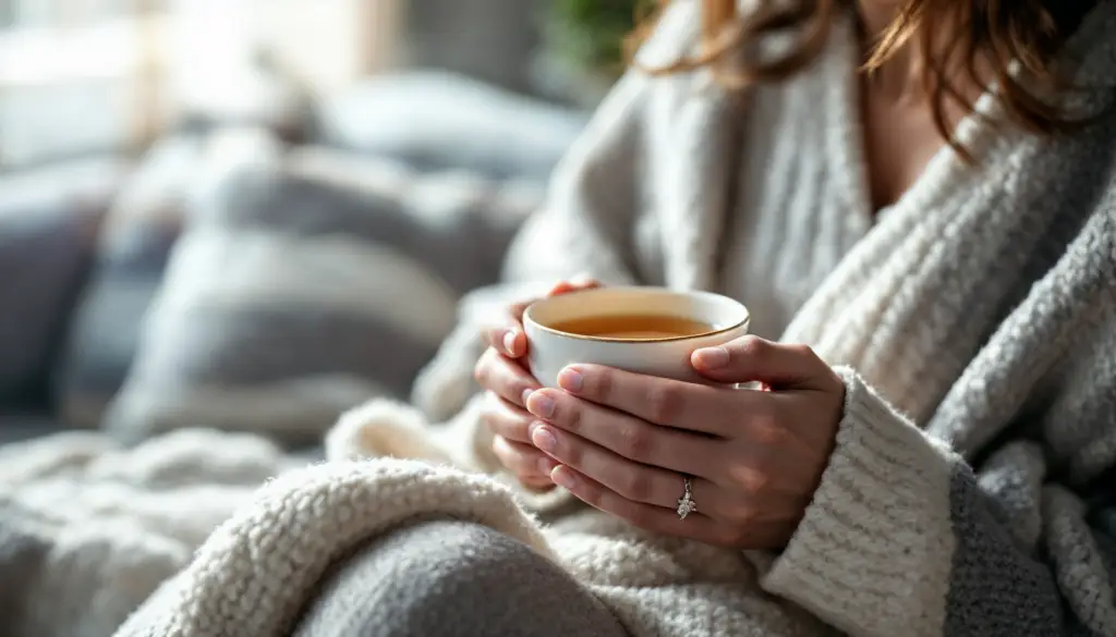 "A person holding a warm herbal tea made from homeopathic ingredients like ginger and chamomile, sitting comfortably on a couch with a cozy blanket."
Alt Text: "Person holding warm herbal tea with homeopathic ingredients for chronic pancreatitis relief in a cozy setting."