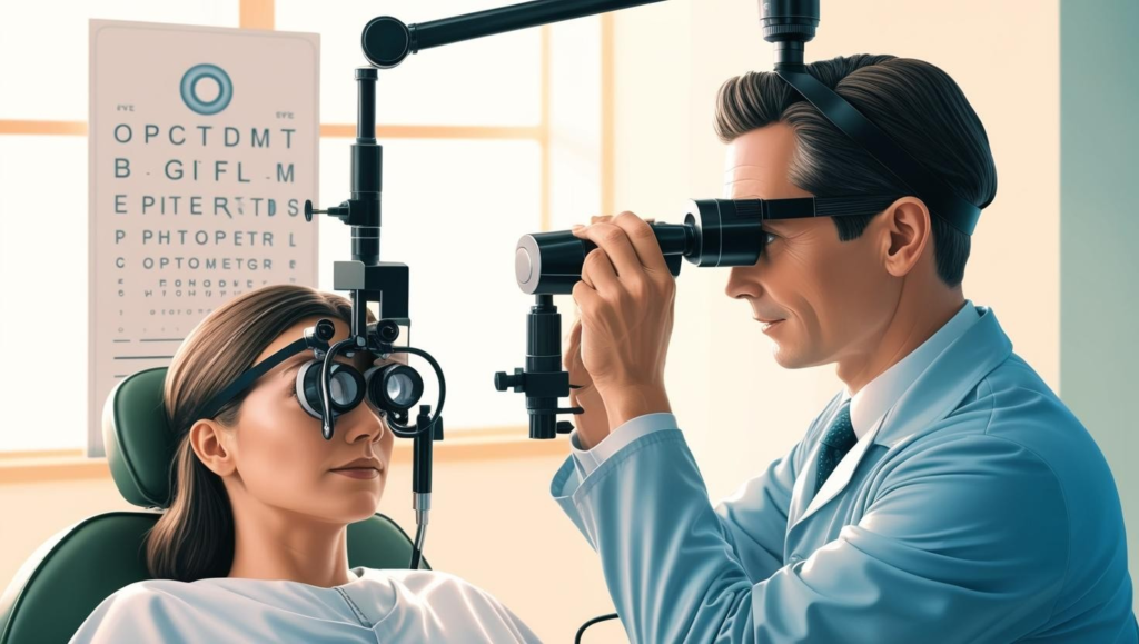 Illustration of an exam with an optometrist checking a patient's eyes.