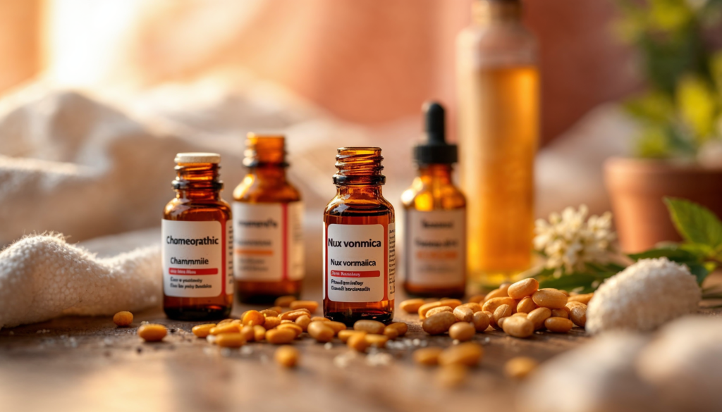 Chronic Pancreatitis: A close-up of a homeopathic remedy kit, featuring small vials and bottles labeled with natural ingredients like chamomile and nux vomica, placed on a wooden table with a soft background."
Alt Text: "Homeopathic remedy kit with natural ingredients for chronic pancreatitis relief, displayed on a wooden table."