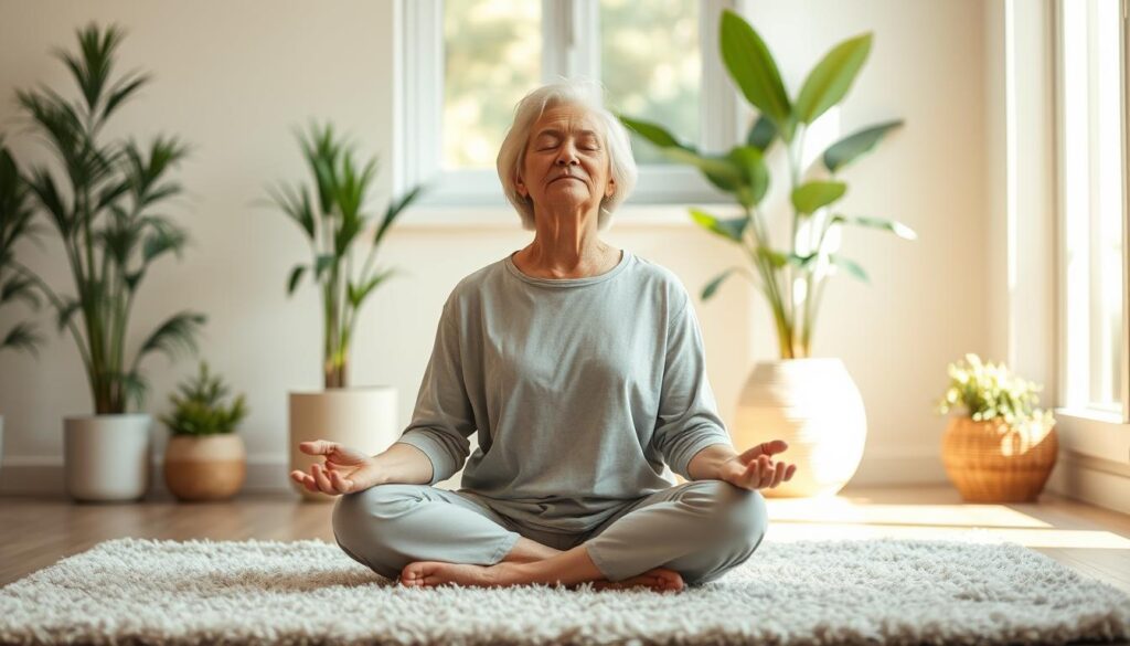 a woman sitting on a rug with her eyes closed