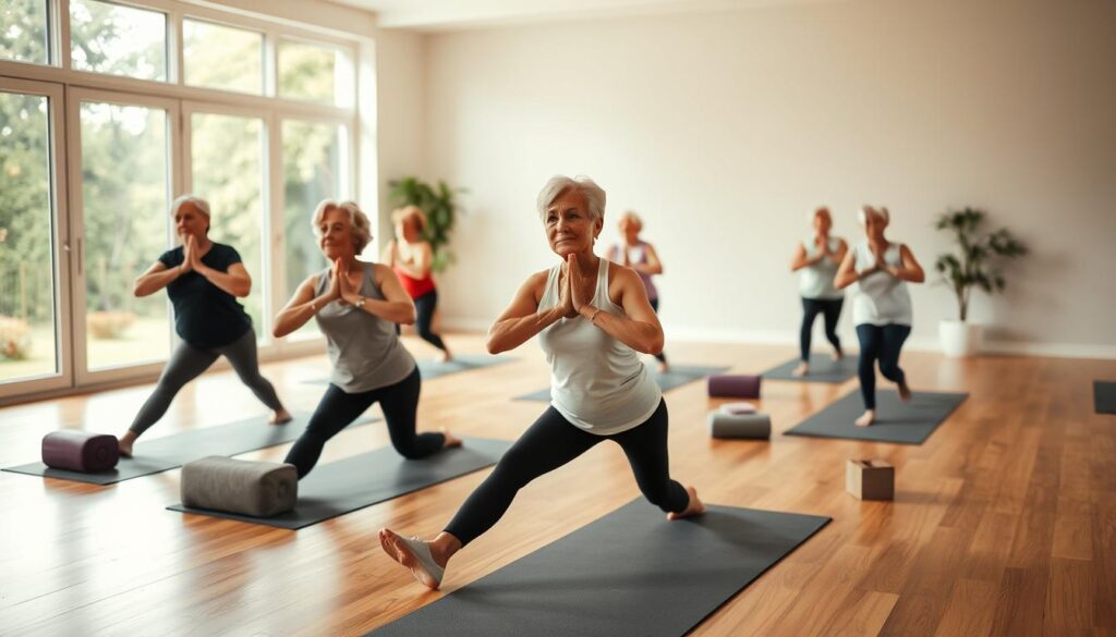 A serene yoga studio filled with natural light, hardwood floors, and large windows overlooking a lush garden. In the foreground, a group of seniors gracefully flowing through a sequence of restorative yoga poses, their faces radiant