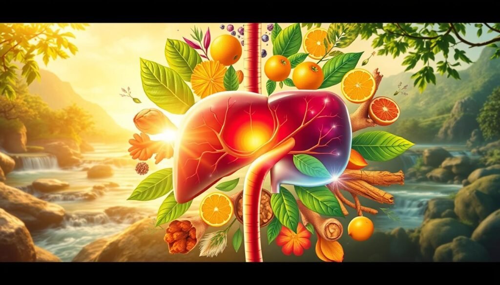 Strengthen your Liver: a human liver with fruits and leaves