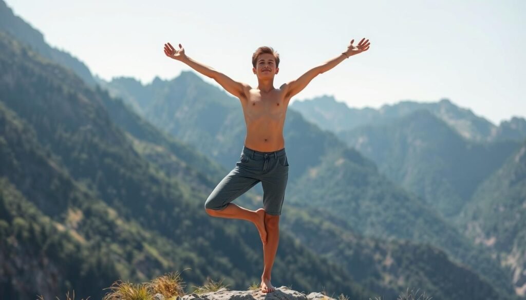 Happy elders: a man standing on a rock with his arms out in the air