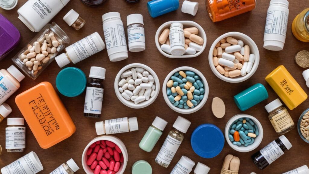 Ultimate Guide: Various medications and supplements organized neatly. Alt Text: "An assortment of medications and supplements laid out on a table, representing treatment options for ulcerative colitis."