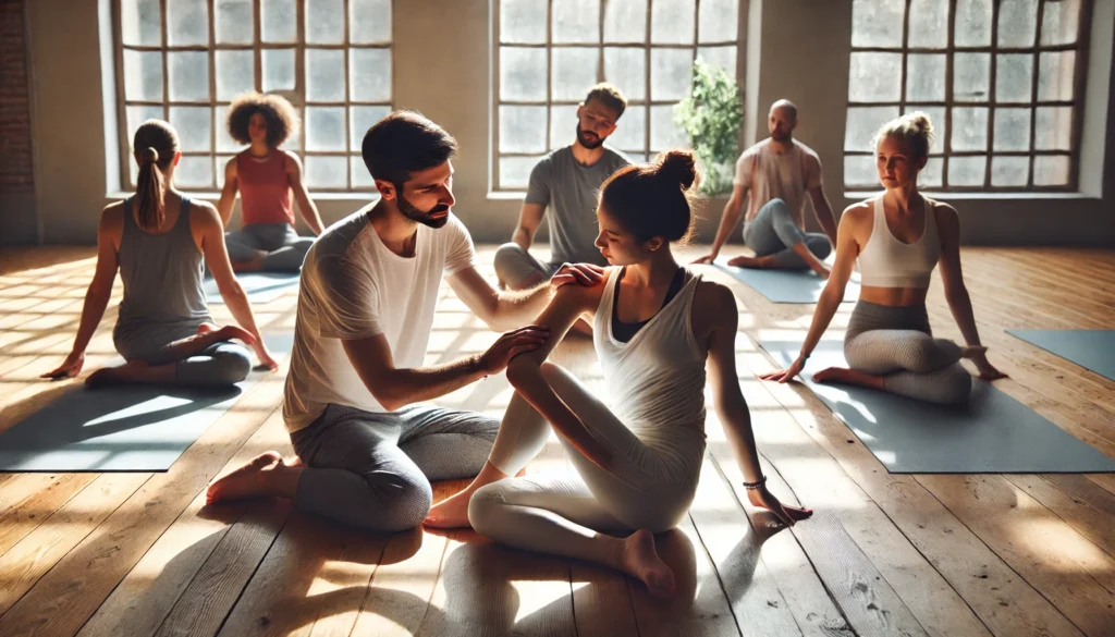 Chronic Pancreatitis:; A yoga instructor guiding a group in a seated twist pose (Ardha ) in a bright, airy studio. The participants look focused and relaxed." Alt Text: "Yoga instructor guiding a group in a seated twist pose for chronic pancreatitis relief in a bright studio."