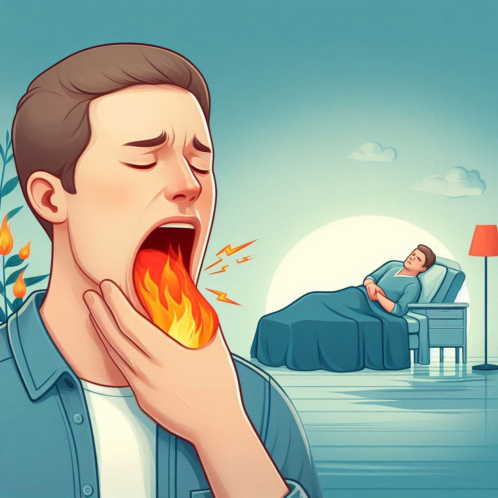 "Burning mouth syndrome: A person with mild discomfort and a serene background symbolizing soothing remedies."