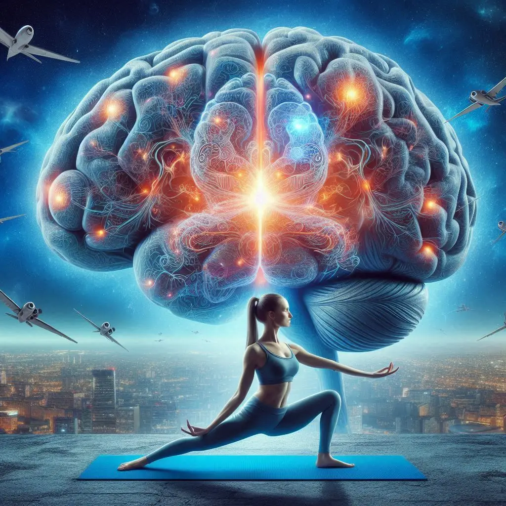 a woman doing yoga in front of a large brain boost memory