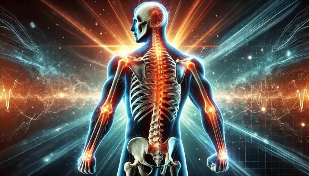 "Bone Strength" with a glowing X-ray-style depiction of a strong skeleton and an energy aura.