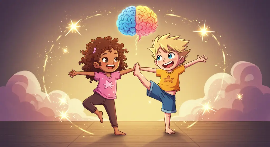 boost memory cartoon of two kids holding hands and standing on a wood floor