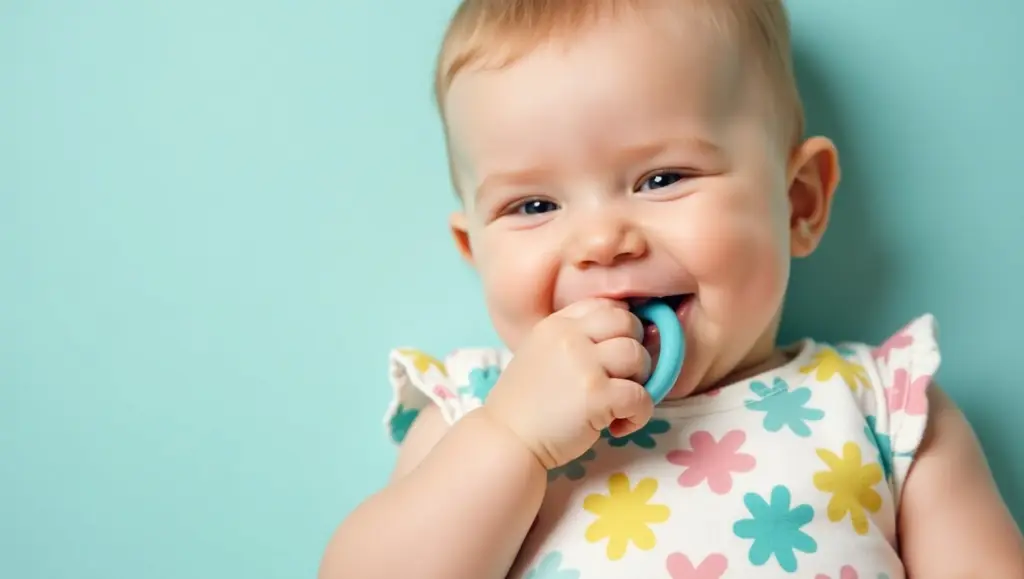 Teething relief: A baby smiling while using a chilled teething ring.