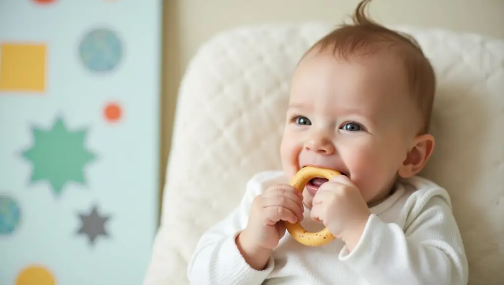Teething relief: A baby smiling while using a chilled teething ring.