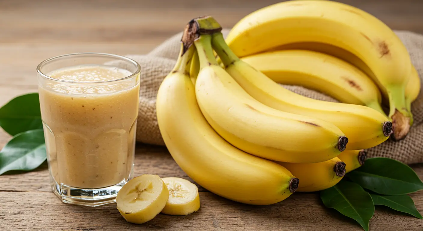 "A vibrant bunch of ripe bananas placed on a rustic wooden table, surrounded by fresh green leaves and a glass of banana smoothie."