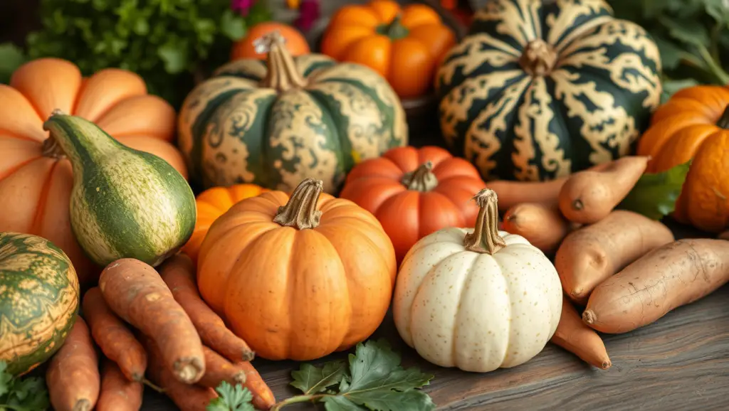 Chaitra Navratri: "Fresh vegetables suitable for Navratri fasting, including bottle gourd, pumpkin, and sweet potatoes, displayed on a wooden table."