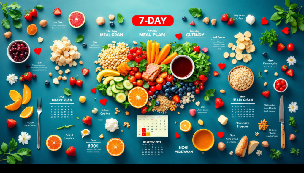 7 Day Cardio Diet: "A colorful representation of a 7-day heart-healthy meal plan with balanced portions of fruits, vegetables, lean proteins, and whole grains, tailored for both vegetarians and non-vegetarians."