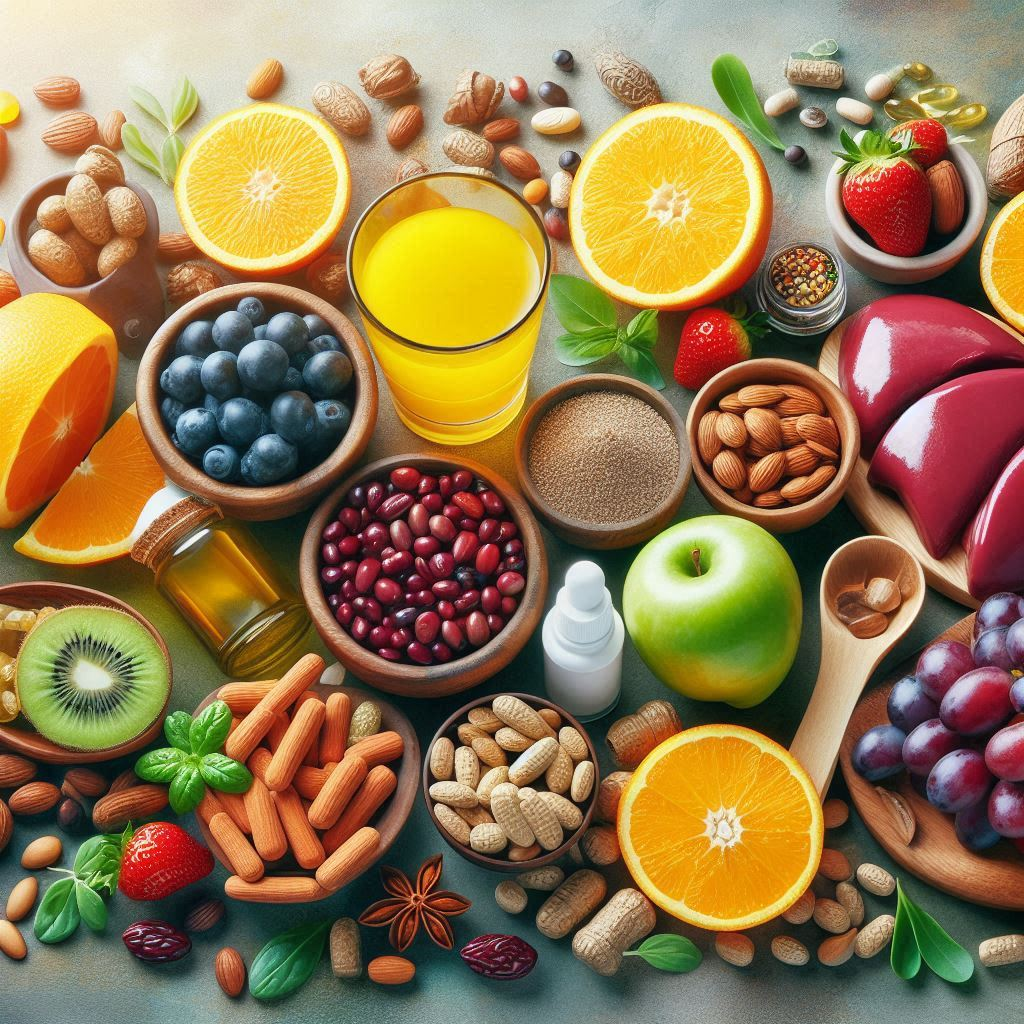 Nutrients: "A variety of nutrient-rich foods including leafy greens, berries, nuts, and a cup of green tea, supporting better cholesterol and liver health."