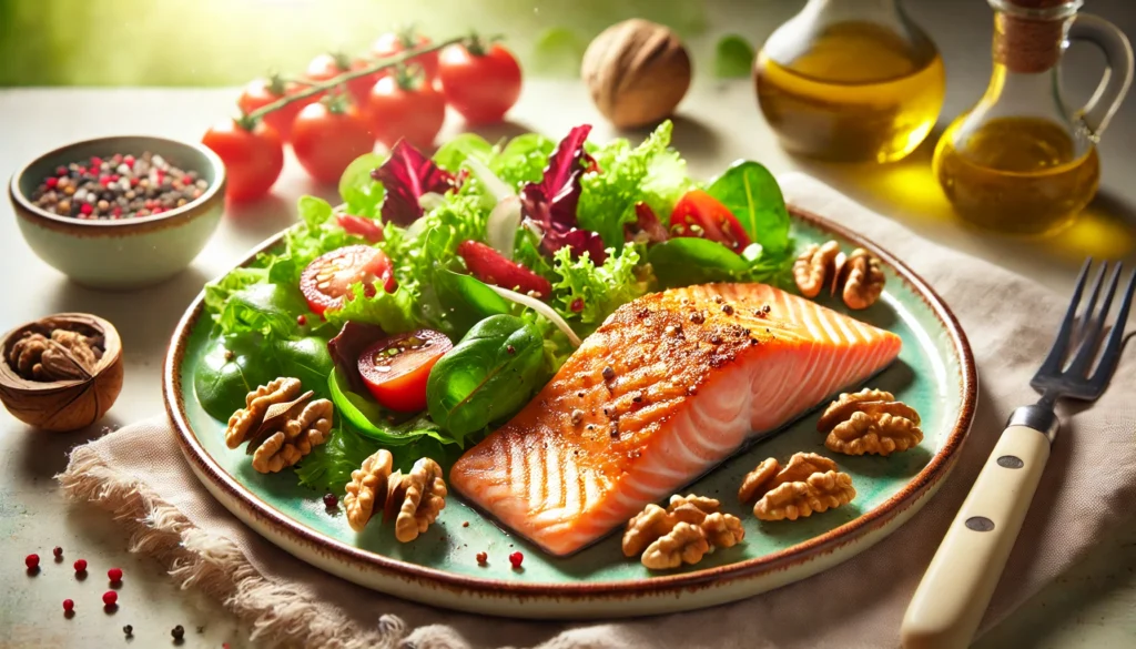 "A colorful plate of salmon, walnuts, and a fresh green salad rich in omega-3 fatty acids." Alt text: "A plate filled with salmon fillets, a handful of walnuts, and a fresh green salad, showcasing foods rich in omega-3 fatty acids."